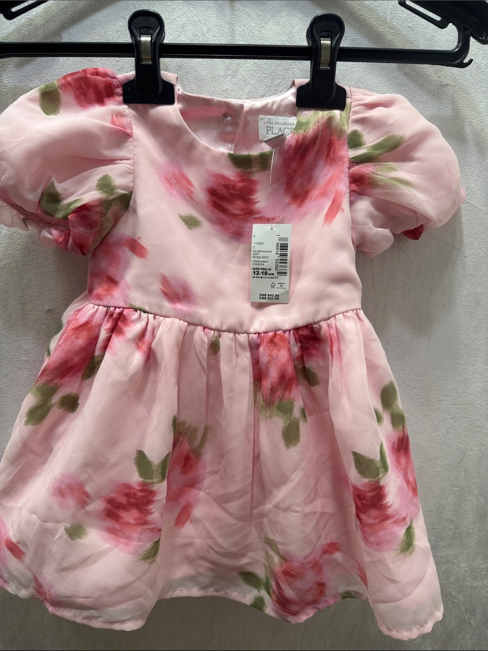 The Children's Place Pink Floral Puff-Sleeve Dress Size 12-18 M NWT